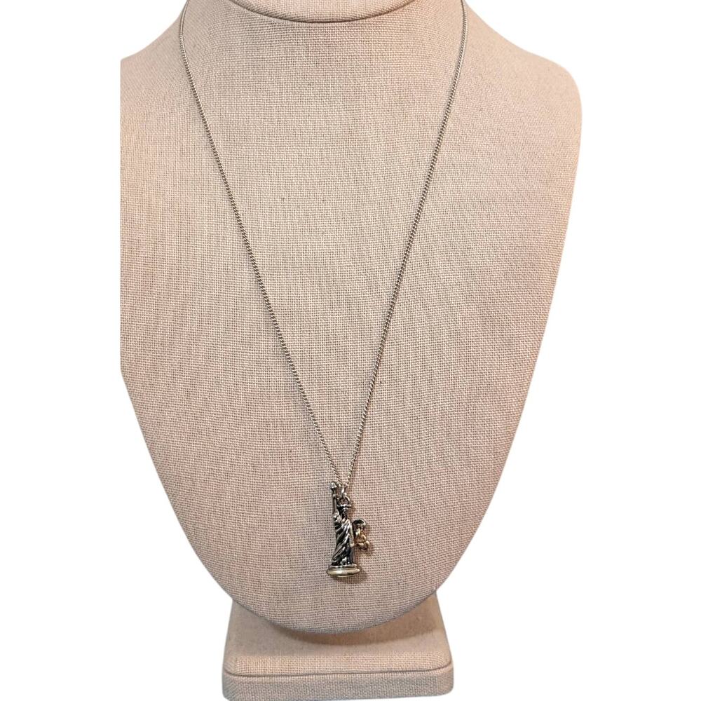 Statute of Liberty Heart Charm Two Tone Metal Pendant 21" Necklace
